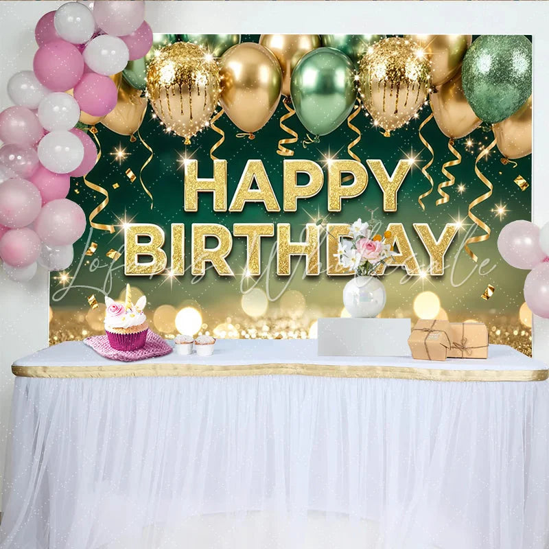 Lofaris Glitter Gold Green Happy Birthday Backdrop with Balloons and Bokeh Elegant Party Decoration for Photoshoot and Event