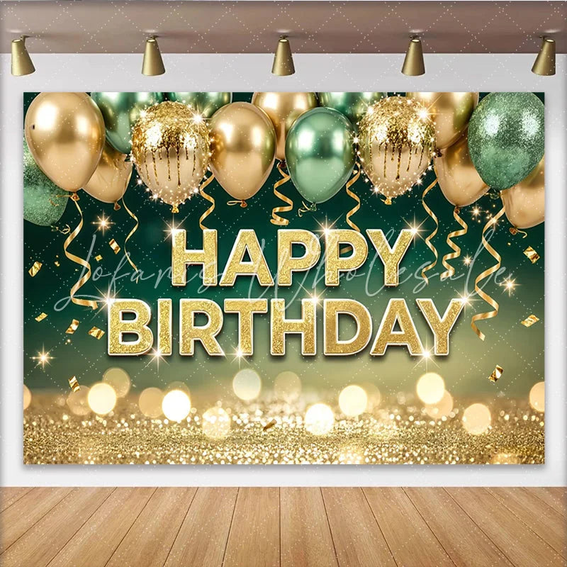 Lofaris Glitter Gold Green Happy Birthday Backdrop with Balloons and Bokeh Elegant Party Decoration for Photoshoot and Event