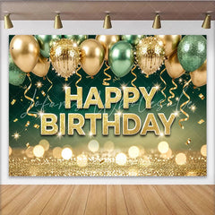 Lofaris Glitter Gold Green Happy Birthday Backdrop with Balloons and Bokeh Elegant Party Decoration for Photoshoot and Event