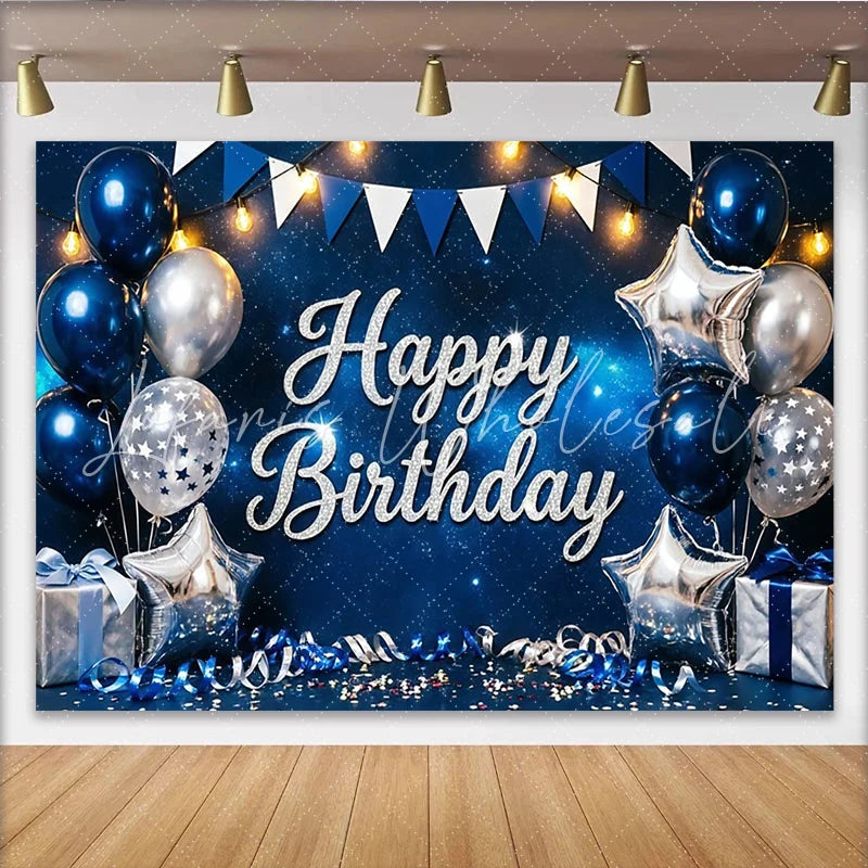 Lofaris Glitter Happy Birthday Backdrop with Blue and Silver Balloons Luxurious Starry Night Party Background for Celebration Photoshoot