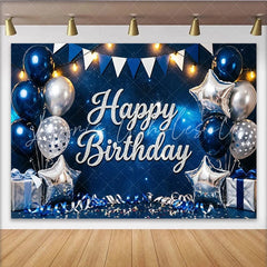 Lofaris Glitter Happy Birthday Backdrop with Blue and Silver Balloons Luxurious Starry Night Party Background for Celebration Photoshoot