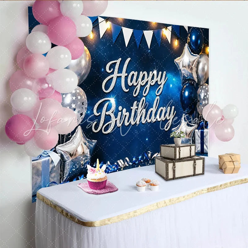 Lofaris Glitter Happy Birthday Backdrop with Blue and Silver Balloons Luxurious Starry Night Party Background for Celebration Photoshoot