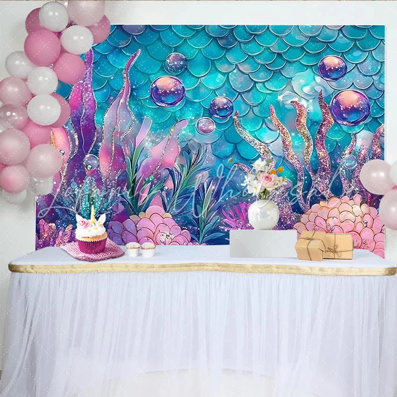 Lofaris Glitter Mermaid Photography Backdrop with Teal Scales and Pink Coral Whimsical Underwater Background for Studio and Party Decor