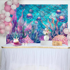 Lofaris Glitter Mermaid Photography Backdrop with Teal Scales and Pink Coral Whimsical Underwater Background for Studio and Party Decor