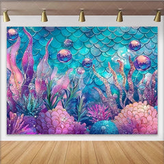Lofaris Glitter Mermaid Photography Backdrop with Teal Scales and Pink Coral Whimsical Underwater Background for Studio and Party Decor