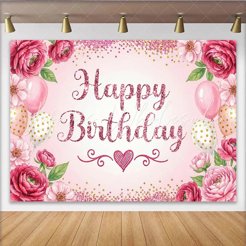 Lofaris Glitter Pink Happy Birthday Backdrop with Floral and Balloons Elegant Party Decor Background for Girls Photoshoot