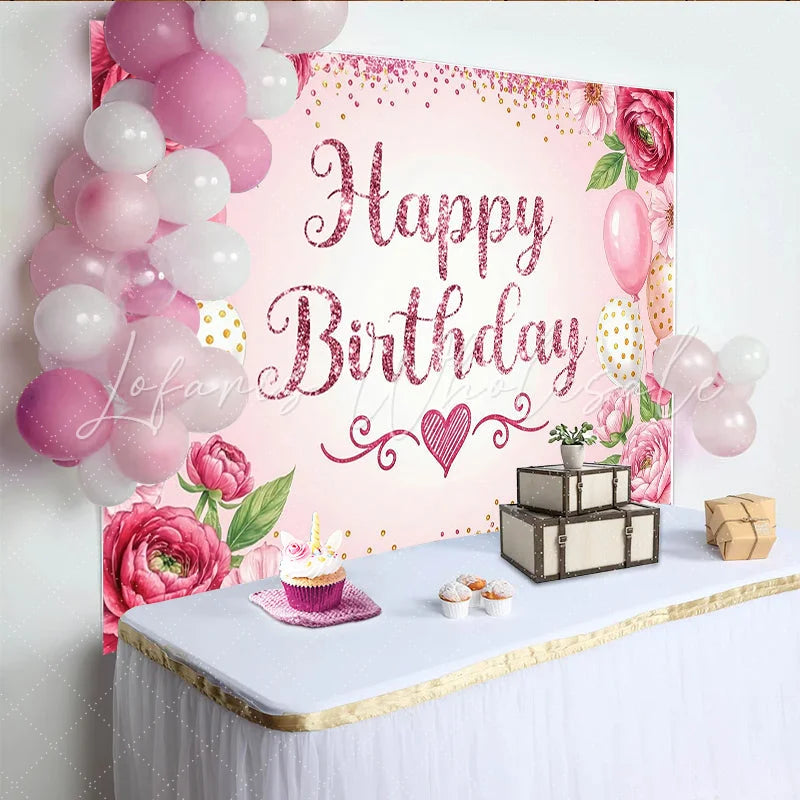 Lofaris Glitter Pink Happy Birthday Backdrop with Floral and Balloons Elegant Party Decor Background for Girls Photoshoot