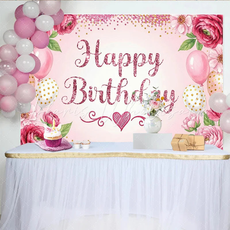 Lofaris Glitter Pink Happy Birthday Backdrop with Floral and Balloons Elegant Party Decor Background for Girls Photoshoot