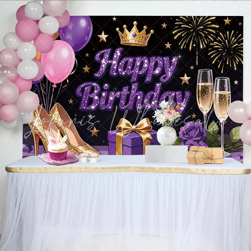 Lofaris Glitter Purple Gold Happy Birthday Backdrop with Crown and High Heels Elegant Party Decoration for Photoshoot