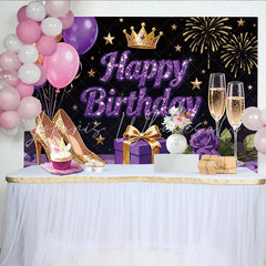 Lofaris Glitter Purple Gold Happy Birthday Backdrop with Crown and High Heels Elegant Party Decoration for Photoshoot