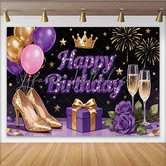 Lofaris Glitter Purple Gold Happy Birthday Backdrop with Crown and High Heels Elegant Party Decoration for Photoshoot