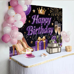 Lofaris Glitter Purple Gold Happy Birthday Backdrop with Crown and High Heels Elegant Party Decoration for Photoshoot
