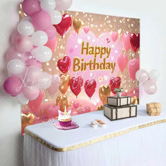 Lofaris Glittery Pink and Gold Heart Balloons Happy Birthday Backdrop Romantic Celebration Party Decor