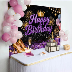 Lofaris Glittery Purple Happy Birthday Party Backdrop with Crown and Fireworks Elegant Celebration Decor