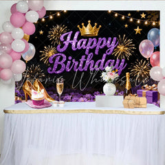 Lofaris Glittery Purple Happy Birthday Party Backdrop with Crown and Fireworks Elegant Celebration Decor