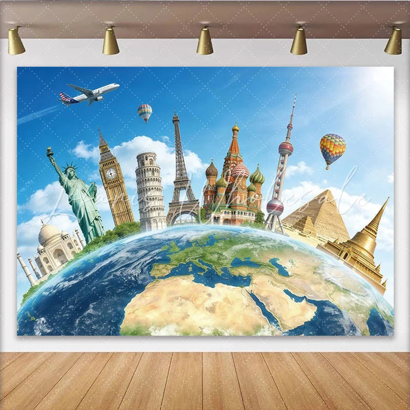 Lofaris Global Landmarks Travel Photography Backdrop for Studio Photoshoot Blue Sky World Map Background for Adventure Theme Party Decor