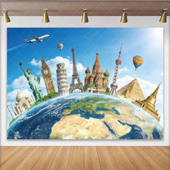 Lofaris Global Landmarks Travel Photography Backdrop for Studio Photoshoot Blue Sky World Map Background for Adventure Theme Party Decor