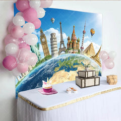 Lofaris Global Landmarks Travel Photography Backdrop for Studio Photoshoot Blue Sky World Map Background for Adventure Theme Party Decor