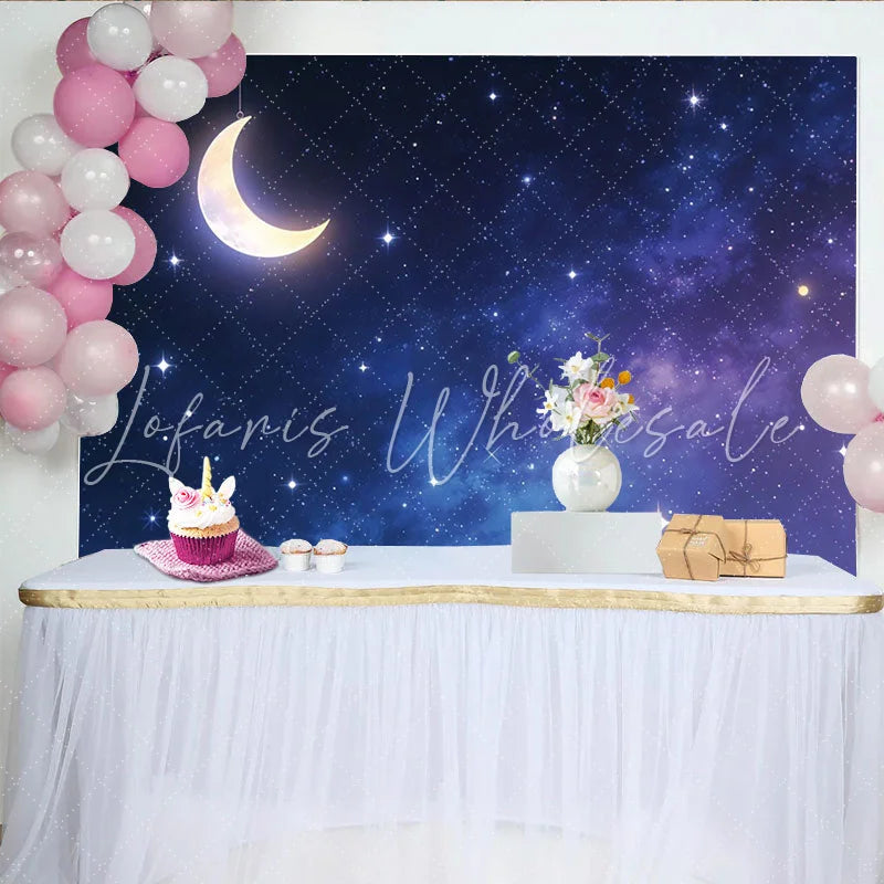 Lofaris Glowing Crescent Moon Starry Night Photography Backdrop Deep Blue Galaxy Background for Studio Portrait