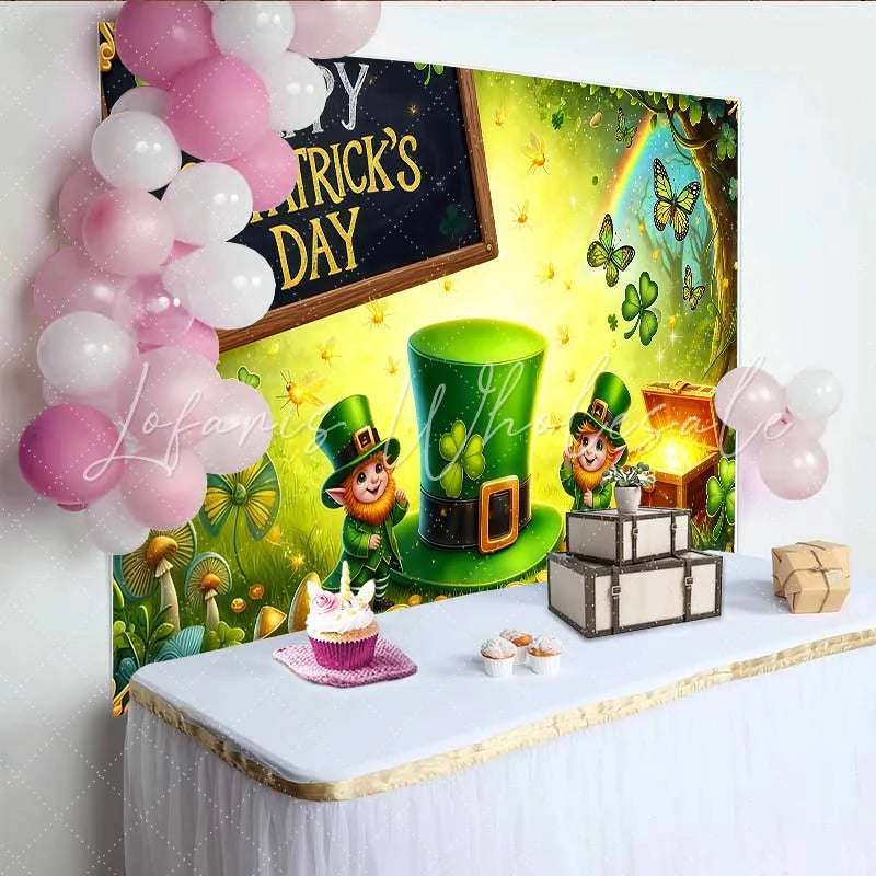 Lofaris Glowing St Patricks Day Treasure Backdrop Leprechaun and Lucky Green Hat Banner