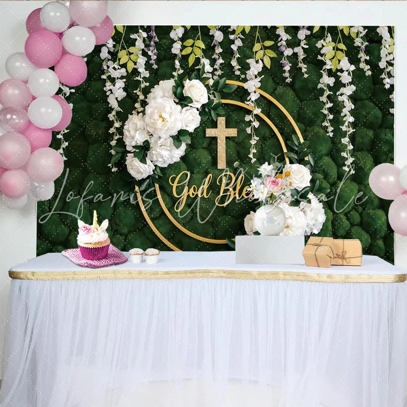 Lofaris God Bless Green Moss Wall Baptism Backdrop with White Flowers Elegant Golden Cross Background for Religious Events.