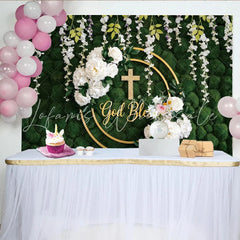 Lofaris God Bless Green Moss Wall Baptism Backdrop with White Flowers Elegant Golden Cross Background for Religious Events.