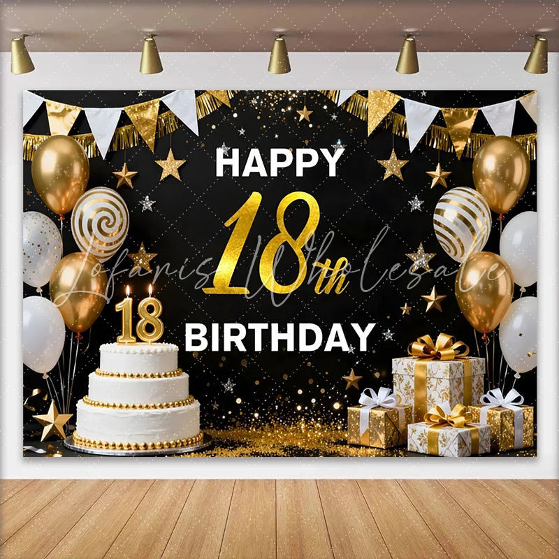 Lofaris Gold 18th Happy Birthday Backdrop White Cake and Gold Balloons Background Elegant Milestone Anniversary