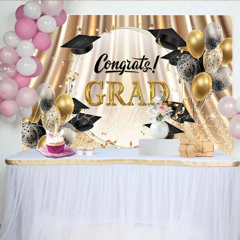 Lofaris Gold and Black Graduation Backdrop with Congrats Grad Text Sparkling Balloons and Confetti Photo Booth Background