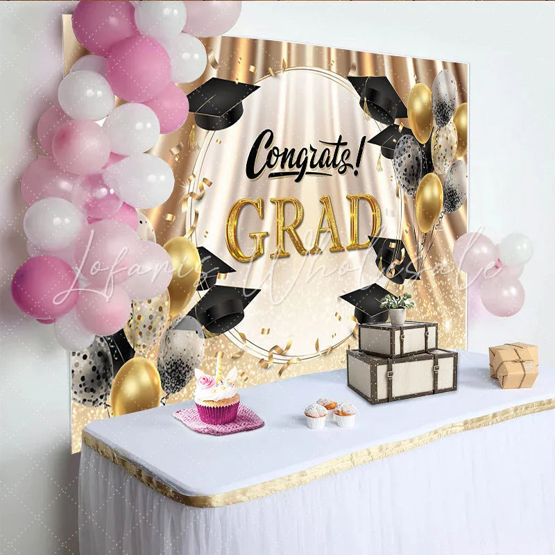 Lofaris Gold and Black Graduation Backdrop with Congrats Grad Text Sparkling Balloons and Confetti Photo Booth Background