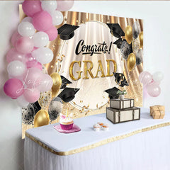 Lofaris Gold and Black Graduation Backdrop with Congrats Grad Text Sparkling Balloons and Confetti Photo Booth Background