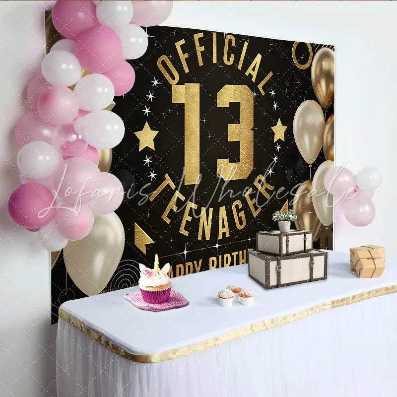 Lofaris Gold and Black Official Teenager 13th Birthday Backdrop Modern Graphic 13 Milestone Party Decor