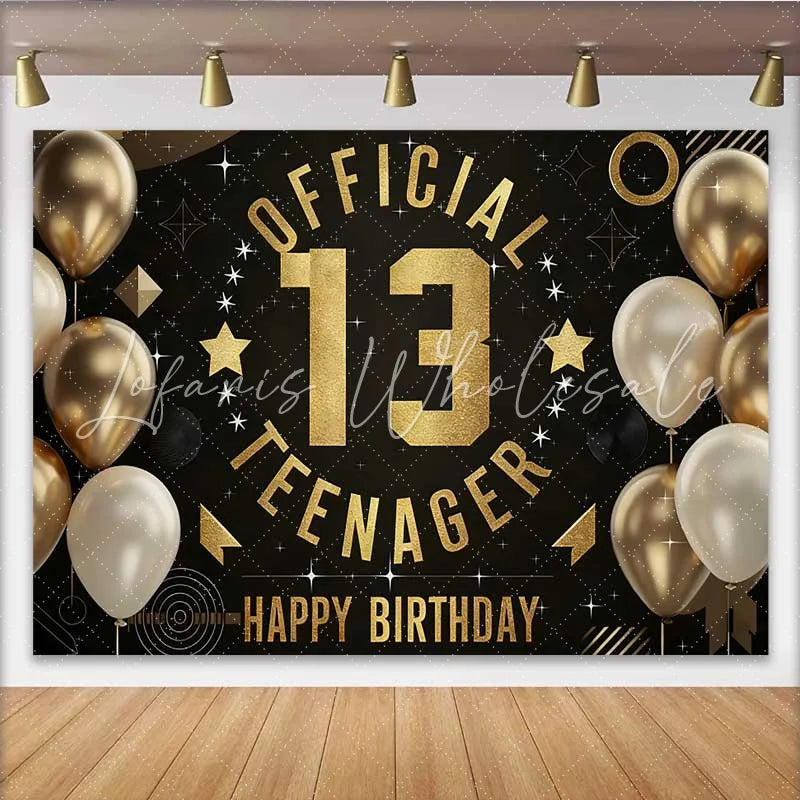 Lofaris Gold and Black Official Teenager 13th Birthday Backdrop Modern Graphic 13 Milestone Party Decor