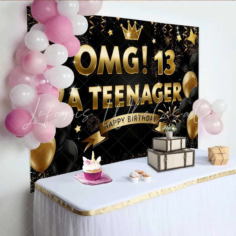 Lofaris Gold and Black OMG 13th Birthday Backdrop 13 A Teenager Milestone Party Decoration