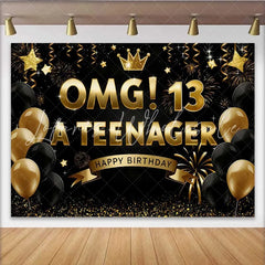 Lofaris Gold and Black OMG 13th Birthday Backdrop 13 A Teenager Milestone Party Decoration