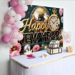 Lofaris Gold and Silver Happy New Year Party Backdrop with Disco Ball Clock and Balloons for Festive Celebration
