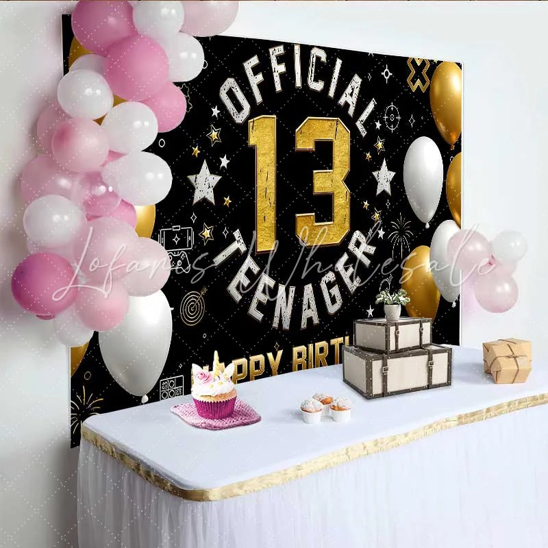 Lofaris Gold and White Gaming 13th Birthday Backdrop Official Teenager 13 Milestone Party Decoration