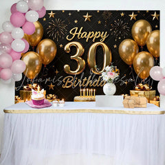 Lofaris Gold Balloons 30th Happy Birthday Backdrop Black Background Cake Gifts Stars Party Photography Decor