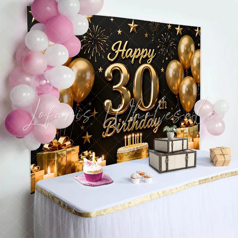 Lofaris Gold Balloons 30th Happy Birthday Backdrop Black Background Cake Gifts Stars Party Photography Decor