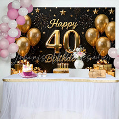 Lofaris Gold Balloons 40th Happy Birthday Backdrop Black Background Cake Gifts Stars Party Photography Decor