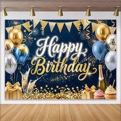 Lofaris Gold Blue Glitter Happy Birthday Backdrop with Balloons and Champagne Elegant Party Decoration Background for Photography