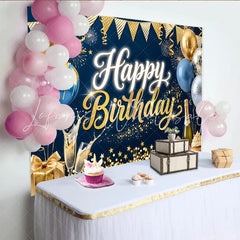 Lofaris Gold Blue Glitter Happy Birthday Backdrop with Balloons and Champagne Elegant Party Decoration Background for Photography