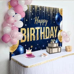 Lofaris Gold Blue Glitter Happy Birthday Backdrop with Balloons and Stars Elegant Party Decoration Background for Photo Booth Props