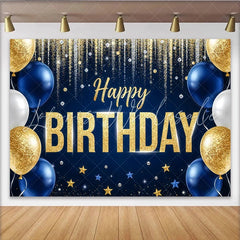 Lofaris Gold Blue Glitter Happy Birthday Backdrop with Balloons and Stars Elegant Party Decoration Background for Photo Booth Props