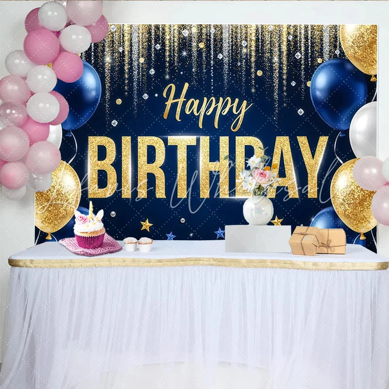 Lofaris Gold Blue Glitter Happy Birthday Backdrop with Balloons and Stars Elegant Party Decoration Background for Photo Booth Props