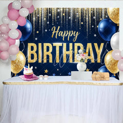 Lofaris Gold Blue Glitter Happy Birthday Backdrop with Balloons and Stars Elegant Party Decoration Background for Photo Booth Props