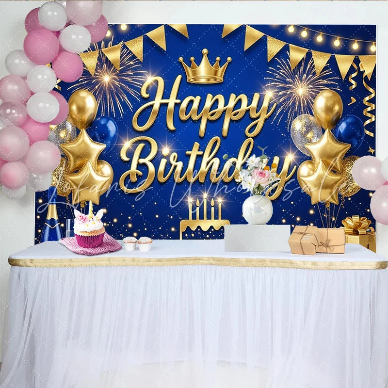 Lofaris Gold Blue Happy Birthday Backdrop with Crown and Balloons Elegant Party Decoration Photo Booth Background for Celebration