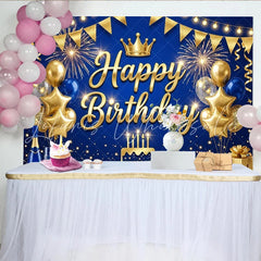 Lofaris Gold Blue Happy Birthday Backdrop with Crown and Balloons Elegant Party Decoration Photo Booth Background for Celebration