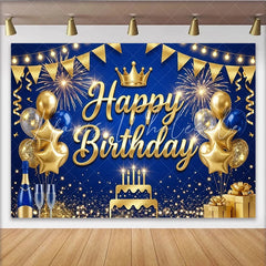 Lofaris Gold Blue Happy Birthday Backdrop with Crown and Balloons Elegant Party Decoration Photo Booth Background for Celebration