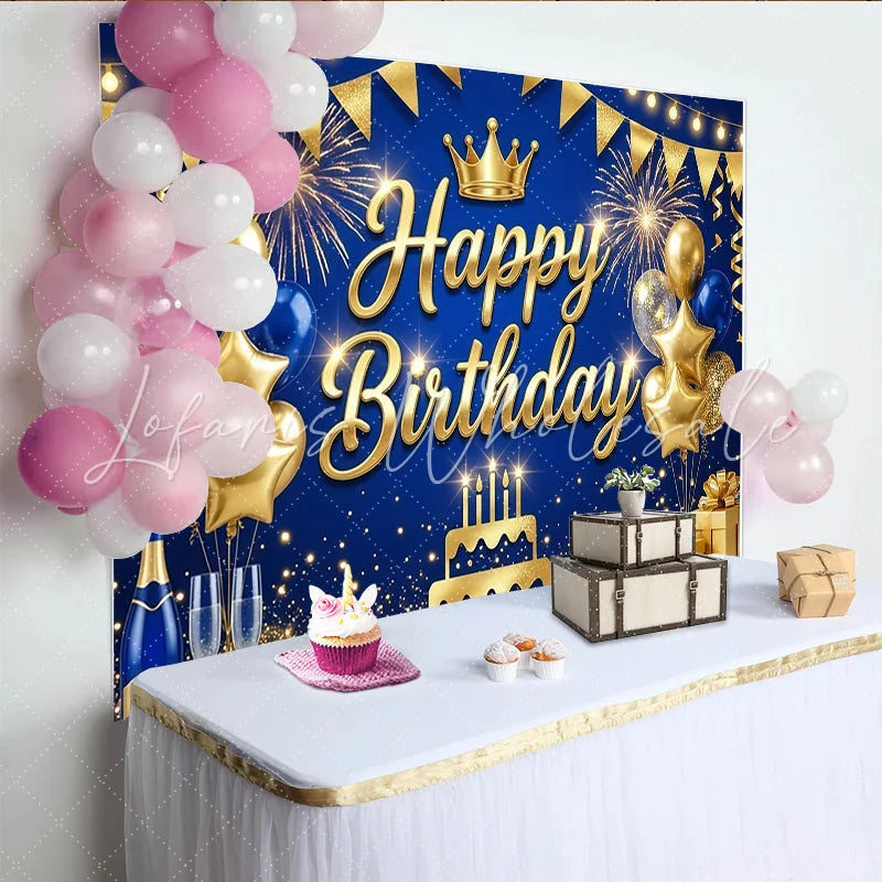 Lofaris Gold Blue Happy Birthday Backdrop with Crown and Balloons Elegant Party Decoration Photo Booth Background for Celebration