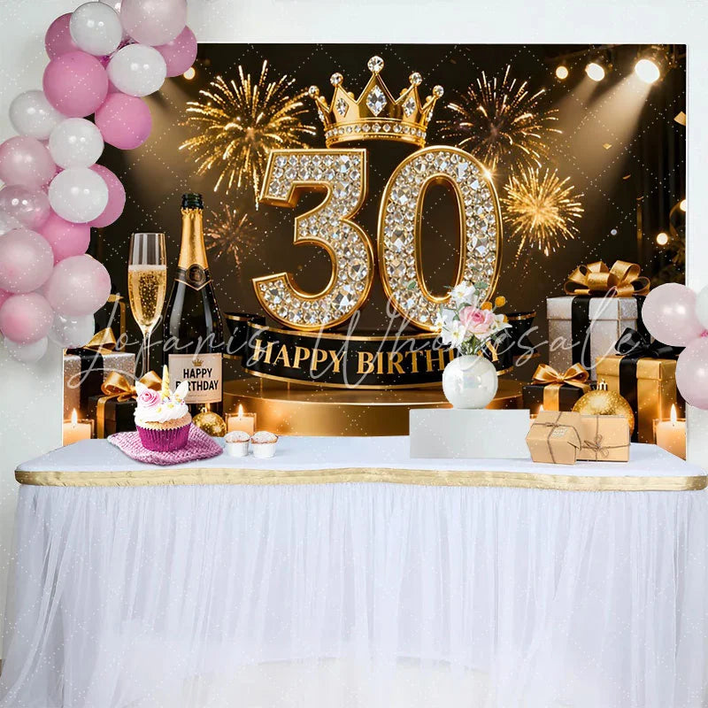 Lofaris Gold Crown 30th Happy Birthday Backdrop Champagne Gifts Diamond Number Black Gold Party Background